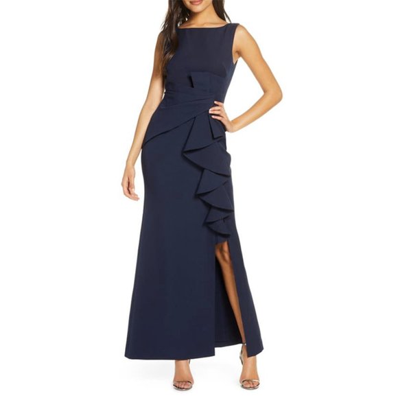 NWT Eliza J Ruffle‎ Front Gown 0 Sleeveless Bateau Neck Maxi Dress Navy Blue - Picture 1 of 8